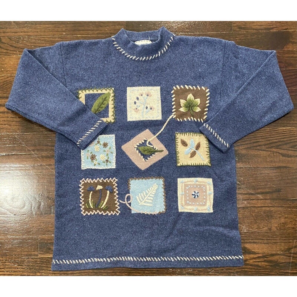 Alice Collins Pure New Wool Sweater M Granny Square Embroidery Knit Heavy Stitch